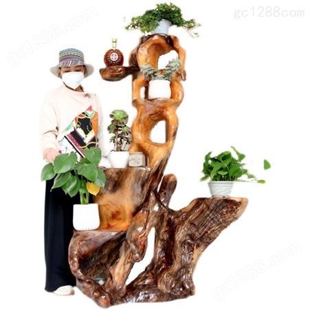 根雕花架博物架天然实木香樟木盆景架室内原木整体根艺摆件花盆架