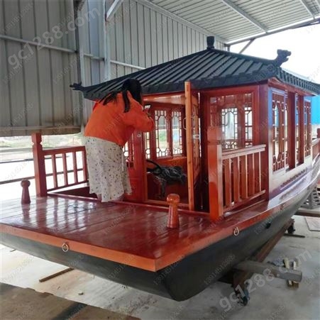中式电动画舫船古典古色古香农庄水库观光旅游船餐饮木船